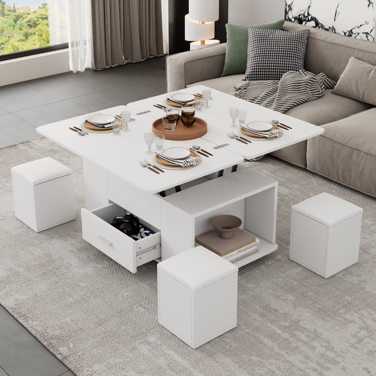 Lift-top convertible coffee table detail