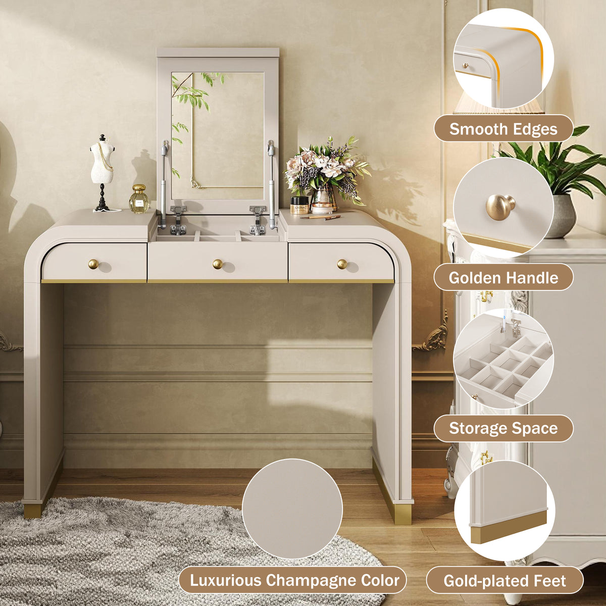 Classic Wood Vanity Desk with Flip Mirror, 3-In-1 Dressing Table with 2 Drawers and Storage Space for Bedroom, Champagne