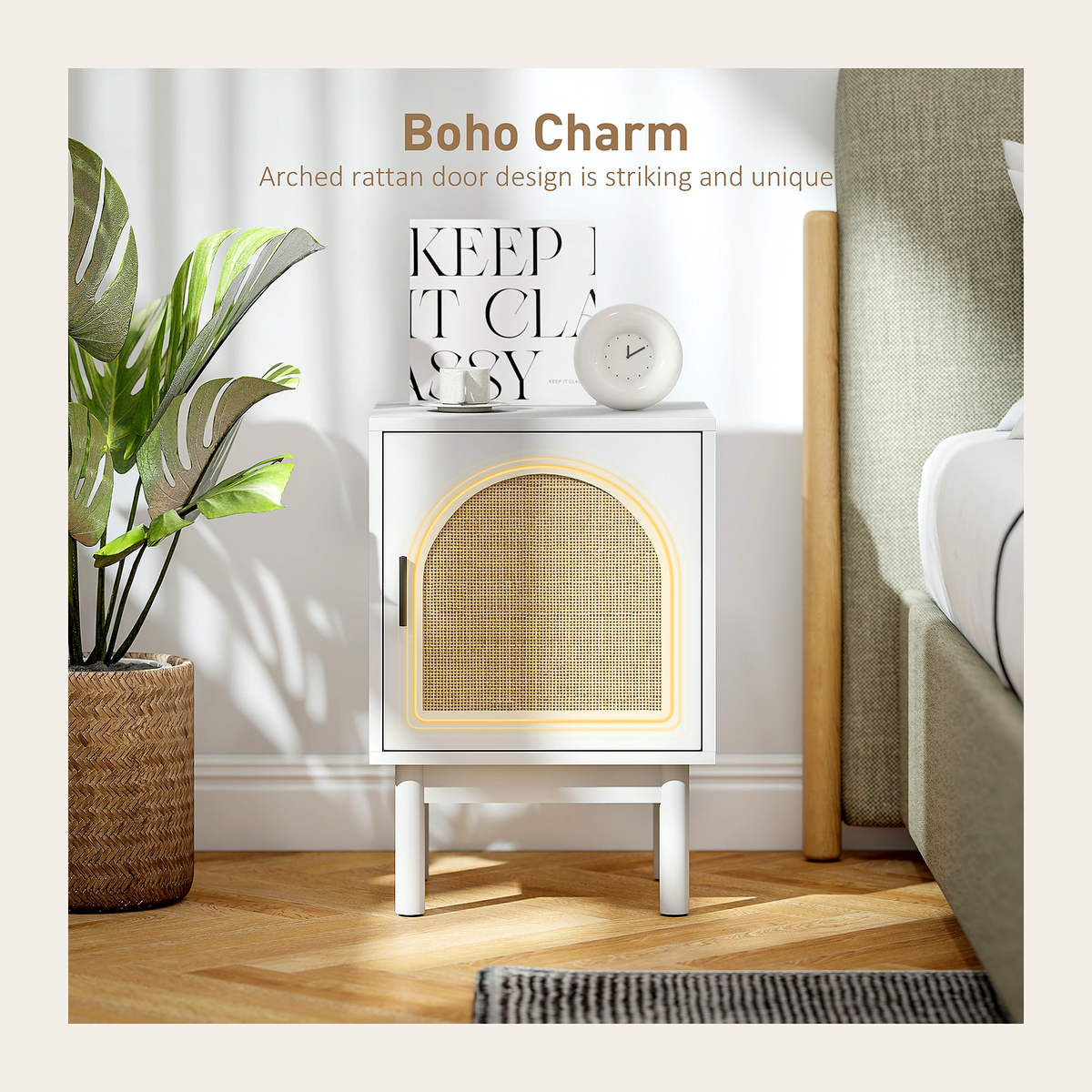 Arched Rattan Bedside Cabinet – White – Rovenmere Home