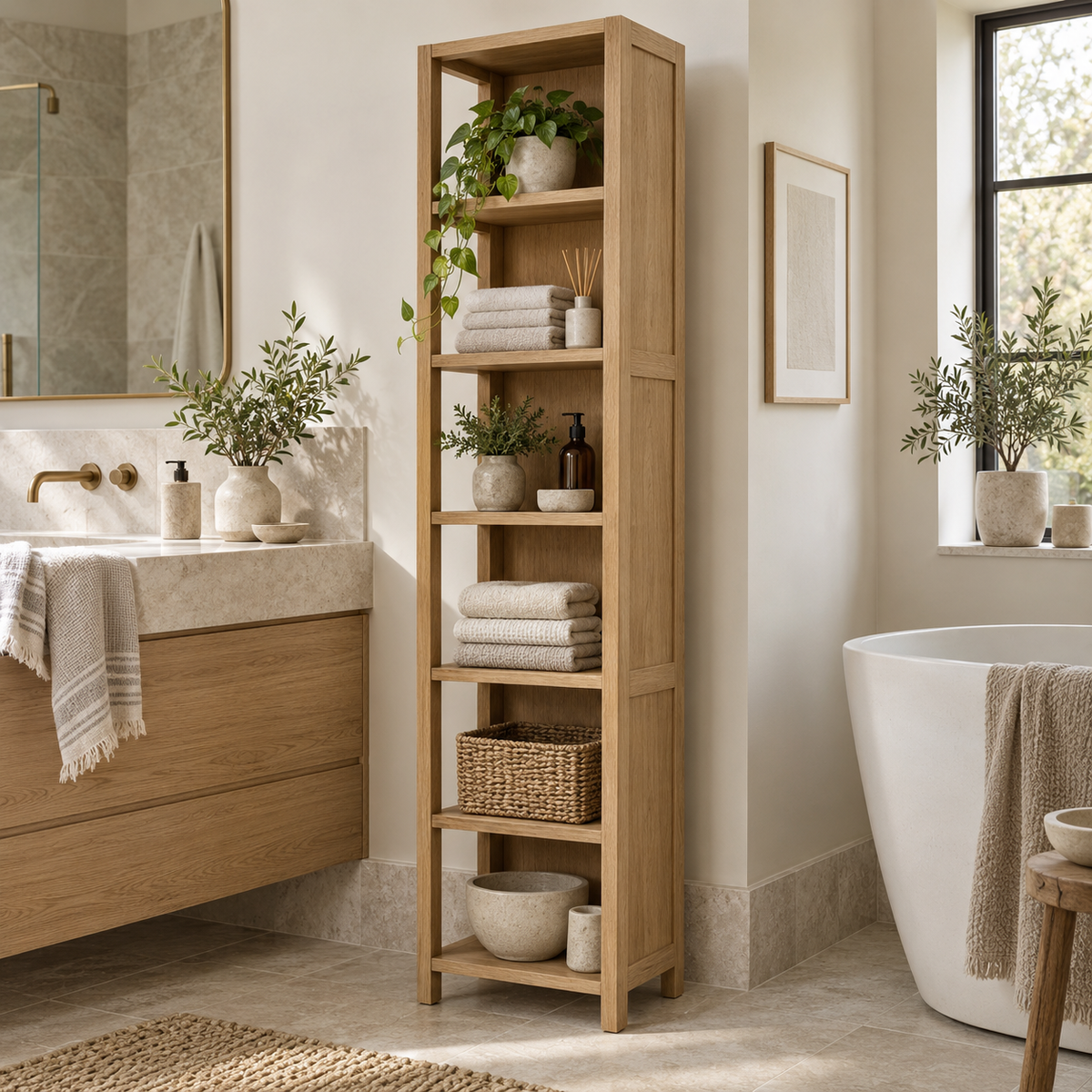 Six-tier tall natural wood bathroom cabinet