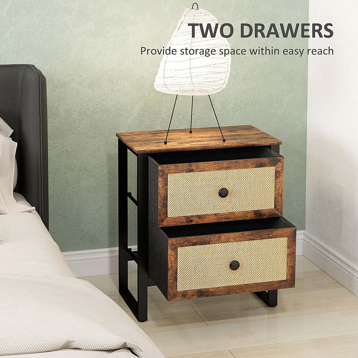 Woven-Front Bedside Cabinet – Rustic Brown – Rovenmere Home