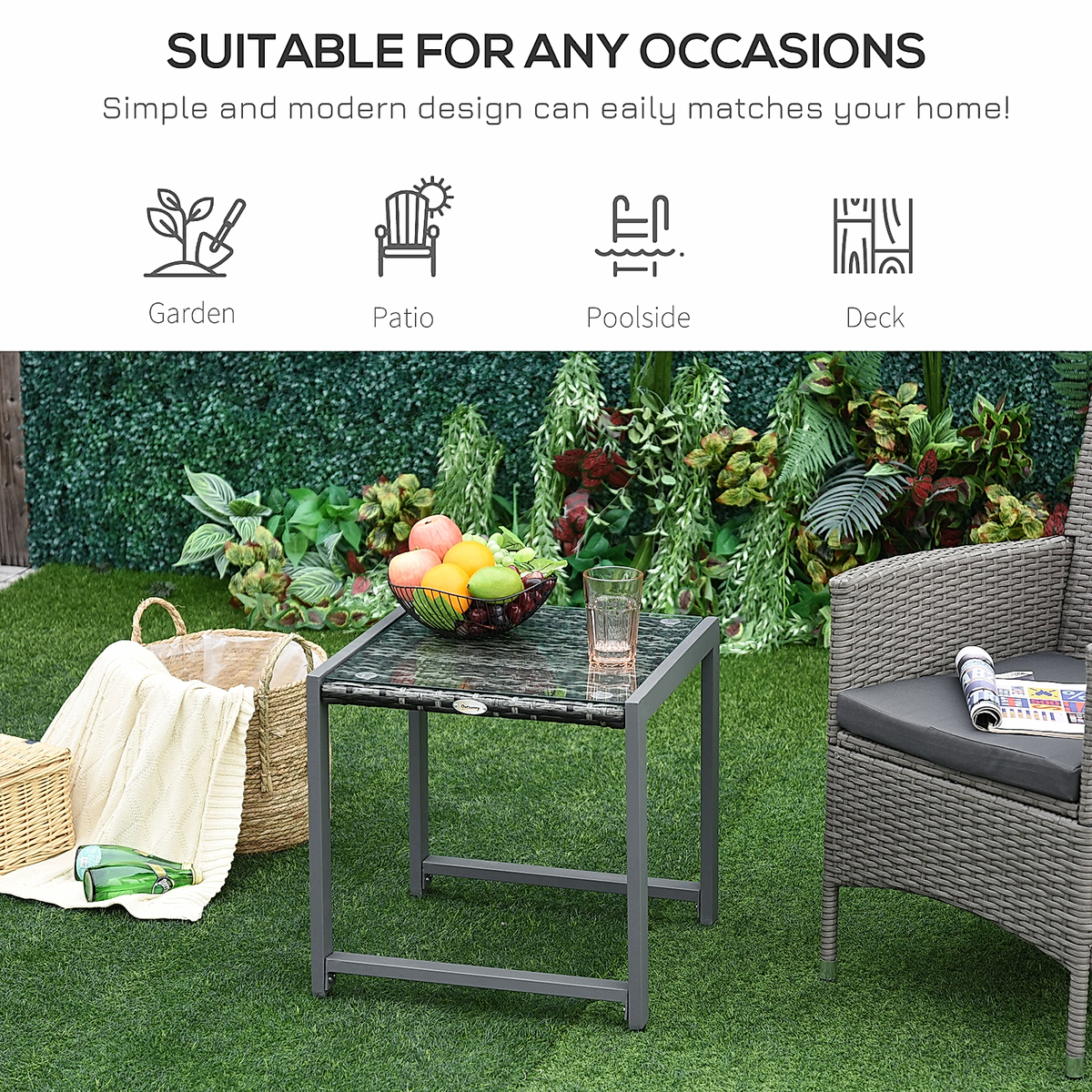 Woven Rattan Garden Side Table – Grey – Rovenmere Home