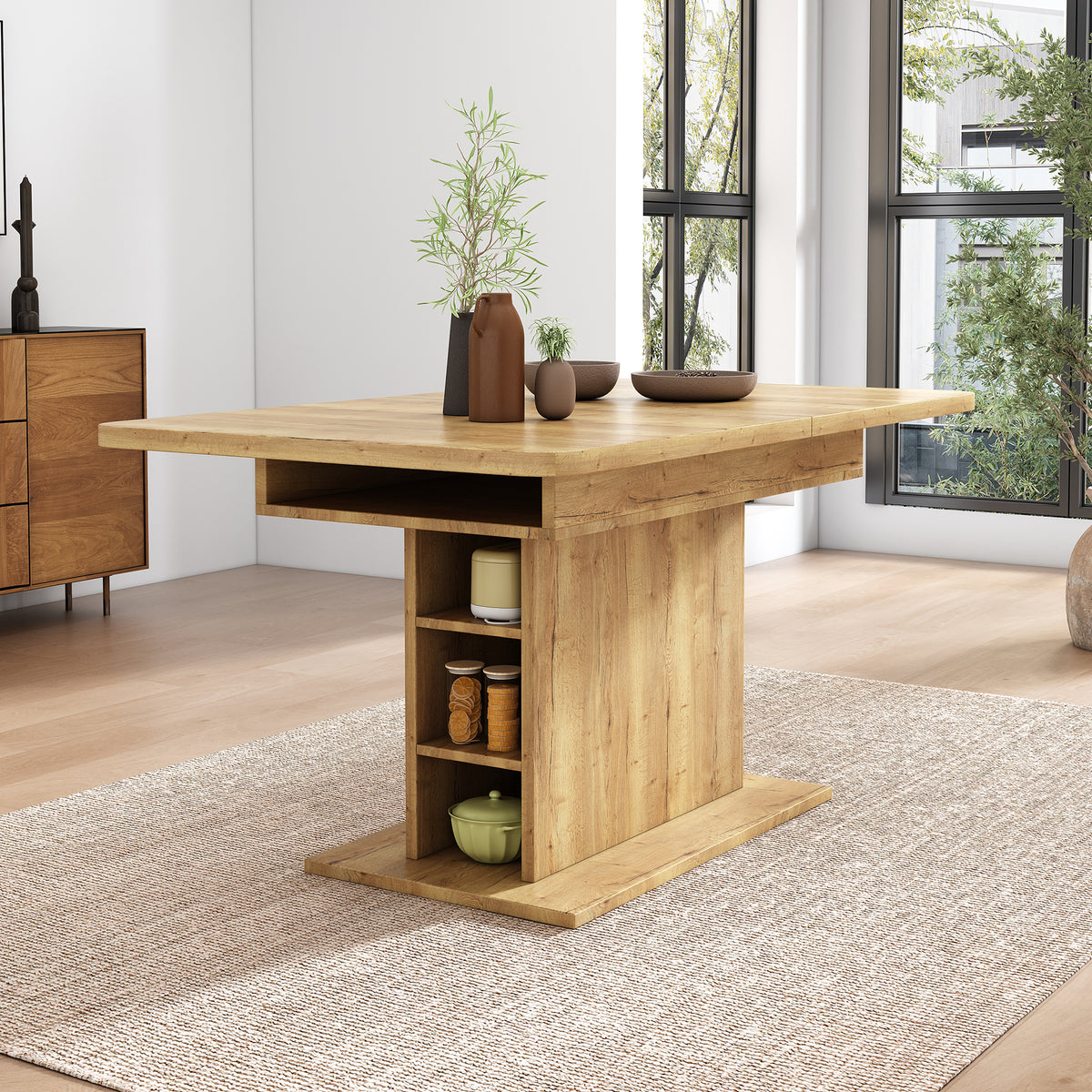 Extendable Dining Table, Dining Table with Storage, Rectangular Dining Table, Coffee Leisure Table, Modern Simple Iron Dining Table, Space-Saving Multifunctional Dining Table, Oak