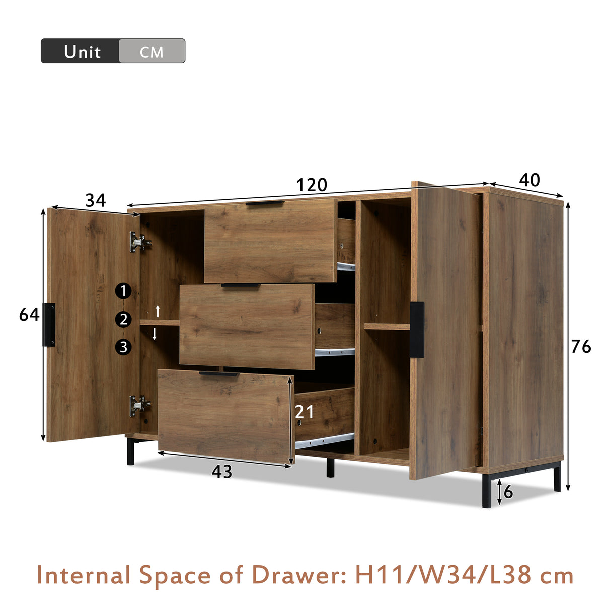835556AAD Sideboard Cabinet for Living Room, Chest of Drawers with 2 Doors and 3 Drawers, Adjustable Shelf, Dark Oak, 40D X 120W X 76H Cm