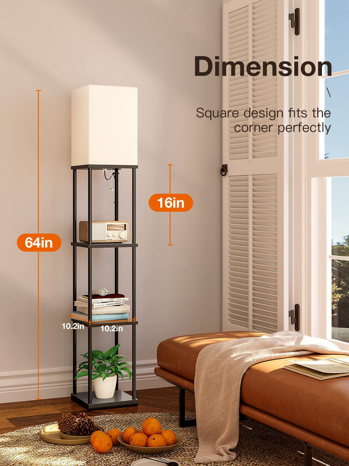 Floor Lamp Free Standing Wood 3-Tier Storage Shelf Reading Bedroom Living Room