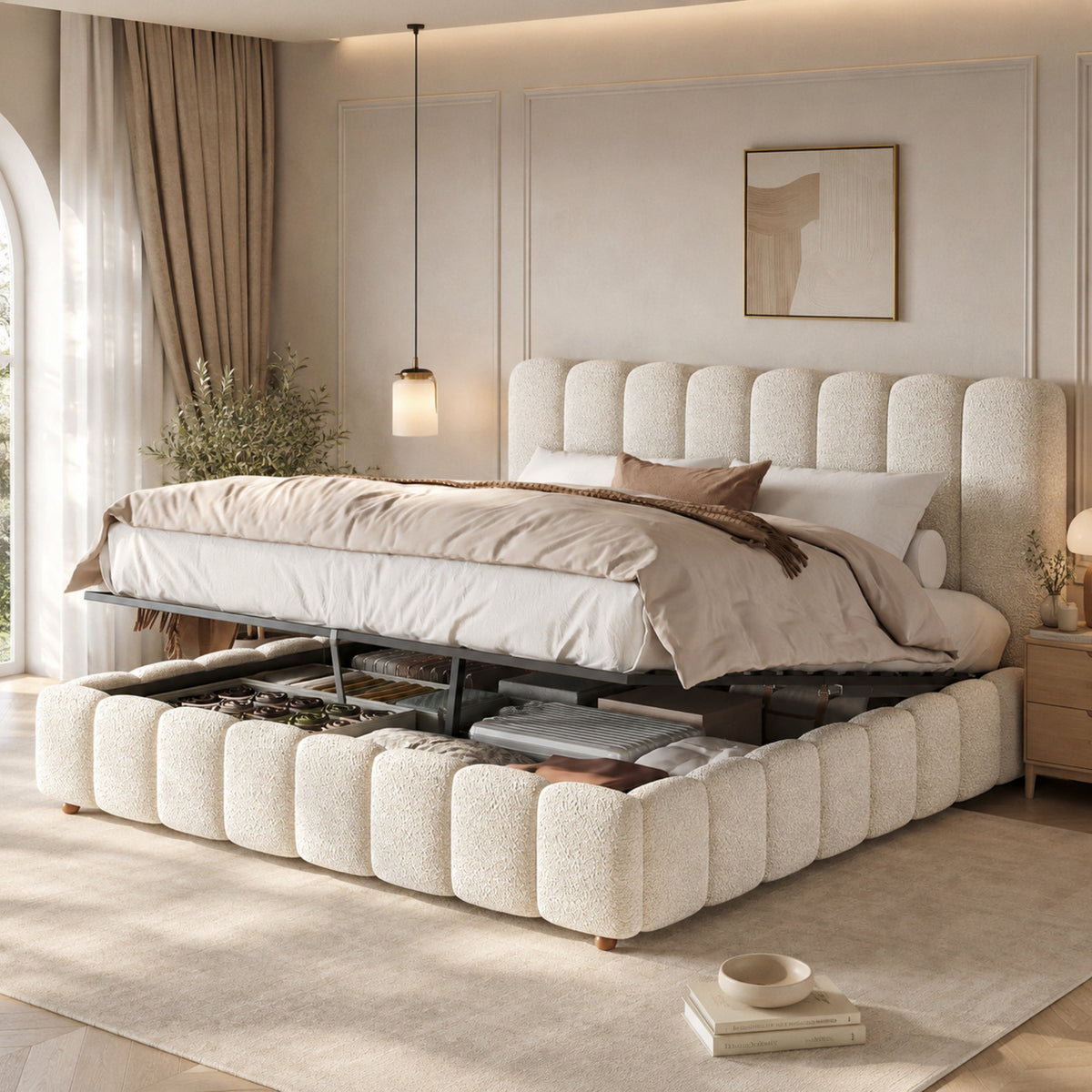 Upholstered Bed, Super King Size Bed, 6Ft-180X200Cm, Hydraulic Functional Bed, Bed with Slatted Frame, Headboard and Large Storage Space, Padded Headboard, White Boucled