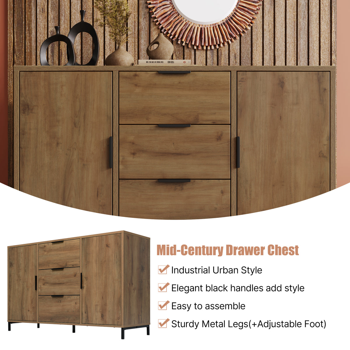 835556AAD Sideboard Cabinet for Living Room, Chest of Drawers with 2 Doors and 3 Drawers, Adjustable Shelf, Dark Oak, 40D X 120W X 76H Cm