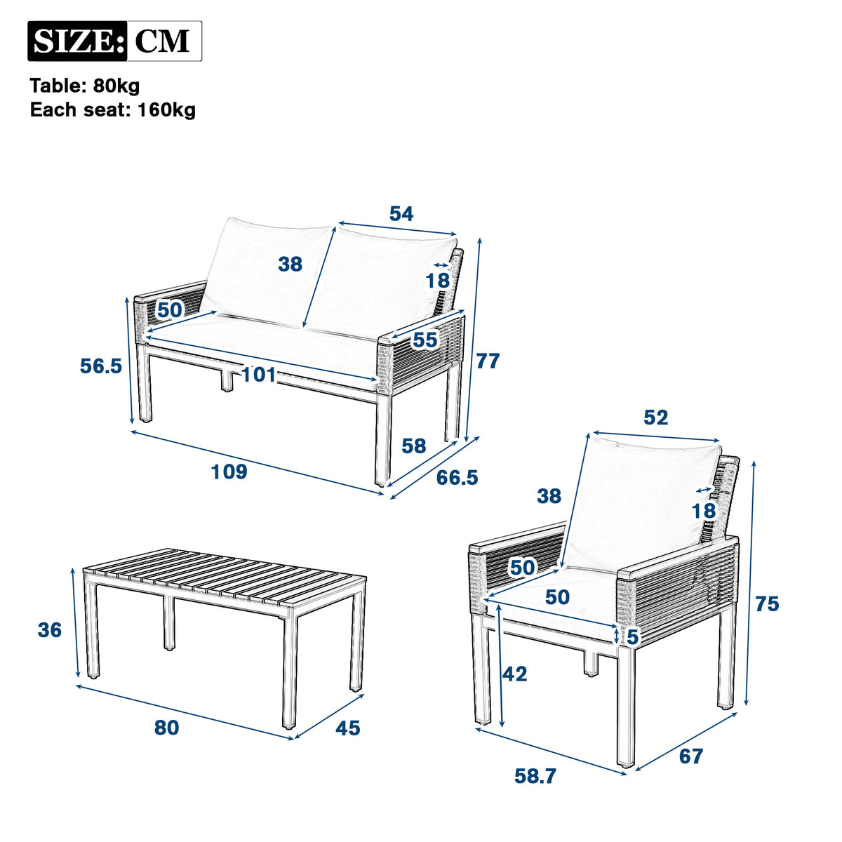 Garden Lounge Set, Garden Furniture Set with Comfortable Cushions, Double Sofa, 2 Armchairs and Table, Outdoor, Rattan, Table and Chairs, Grey