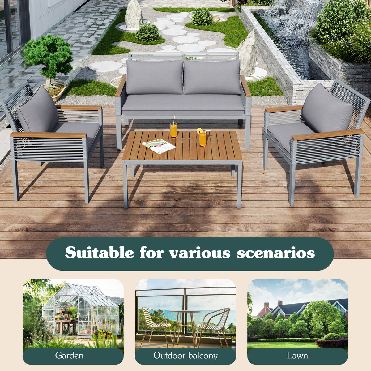 Garden Lounge Set, Garden Furniture Set with Comfortable Cushions, Double Sofa, 2 Armchairs and Table, Outdoor, Rattan, Table and Chairs, Grey