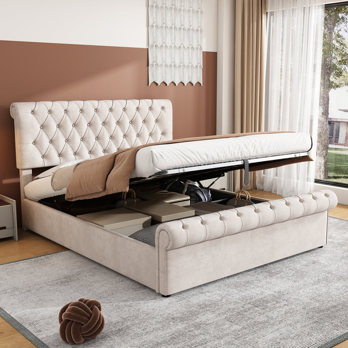 Upholstered Double Bed 4Ft6,135X190 , Luxurious Velvet Button-Tufted Sleigh Bed Storage, Functional Bed with Slatted Frame and Storage, Beige