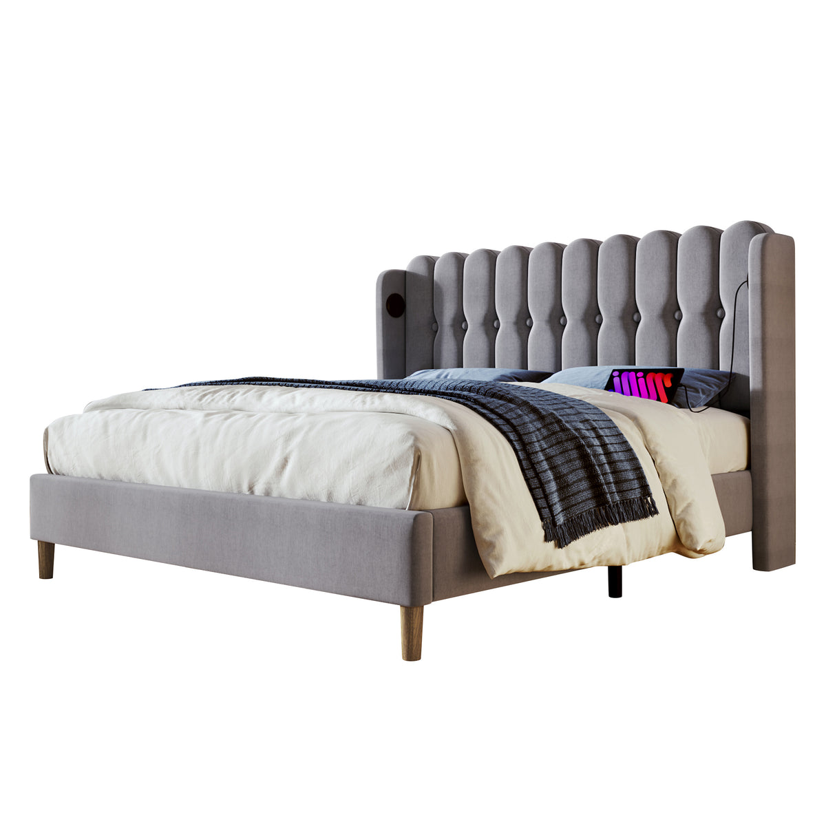 Upholstered Double Bed with USB and Type-C Charging, Bed Frame with Wooden Slatted Frame, Teenager Bed for Bedroom & Guest Room,4Ft6 135 X 190 Cm Bed Frame, Grey, Linen Material