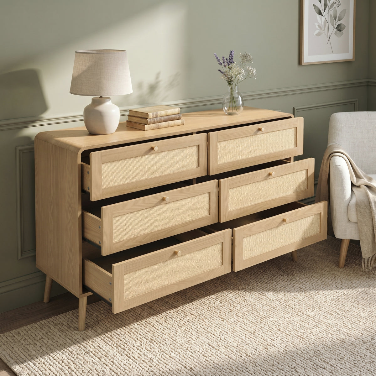 6 Drawer Chest of Drawers, 120Cm Wide Rattan-Effect Dresser with Natural Wood Finish, Spacious Bedroom Storage Cabinet with Rounded Corners & Raised Legs, Natural Oak