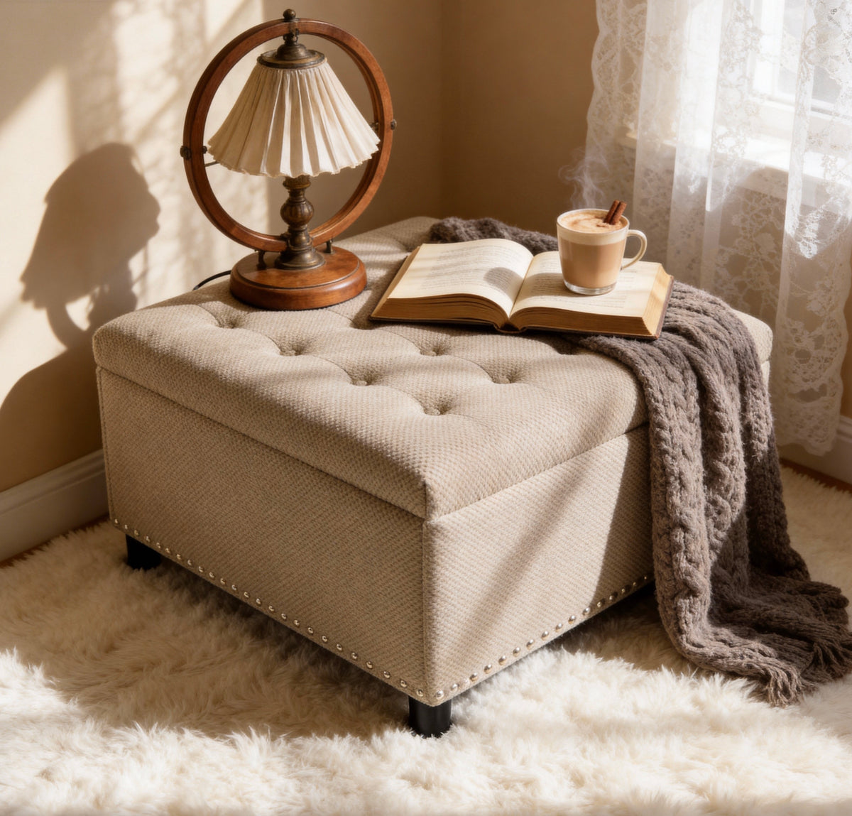 Square Storage Ottoman, Small Space Furniture, Home Decor,Camel