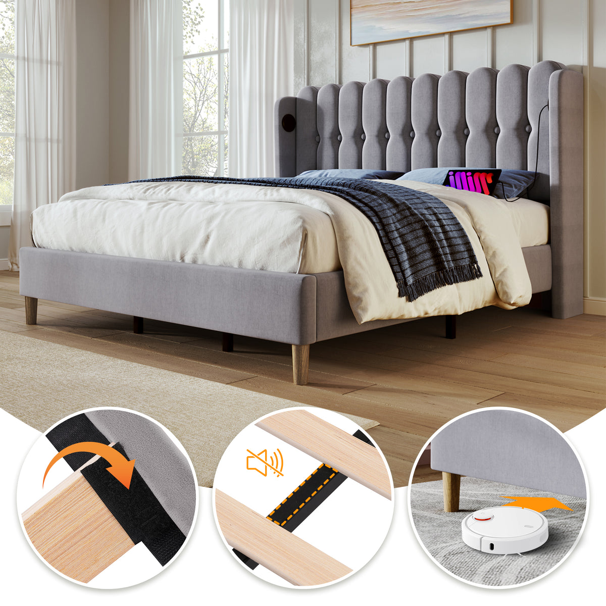 Upholstered Double Bed with USB and Type-C Charging, Bed Frame with Wooden Slatted Frame, Teenager Bed for Bedroom & Guest Room,4Ft6 135 X 190 Cm Bed Frame, Grey, Linen Material