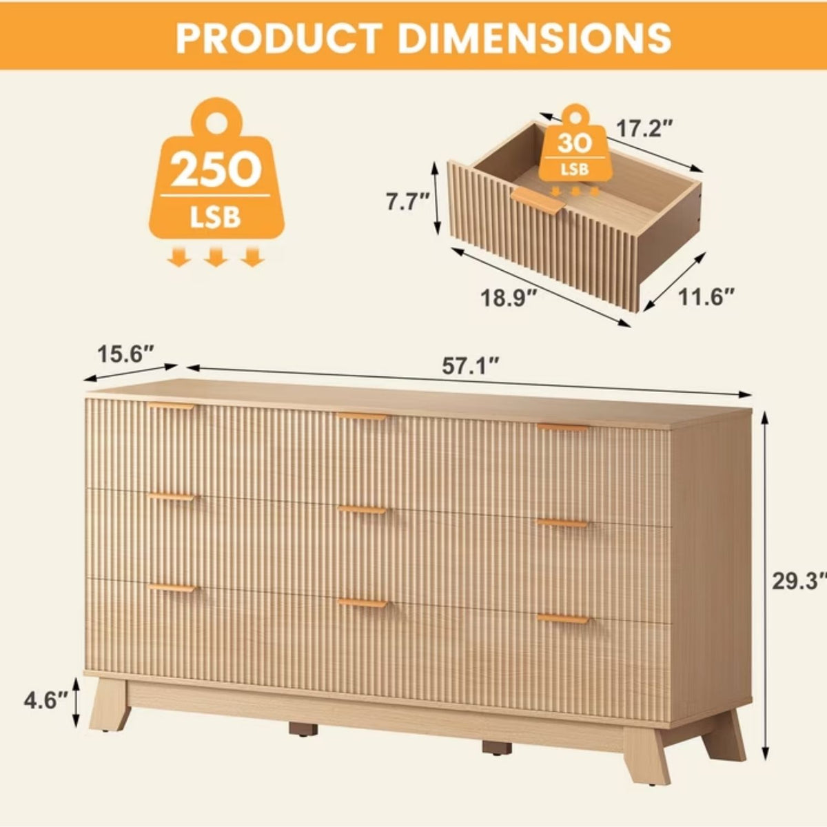 9 Drawer Wood Dresser with Fluted Panel Design, Modern Storage Cabinet for Bedroom, Living Room, Hallway