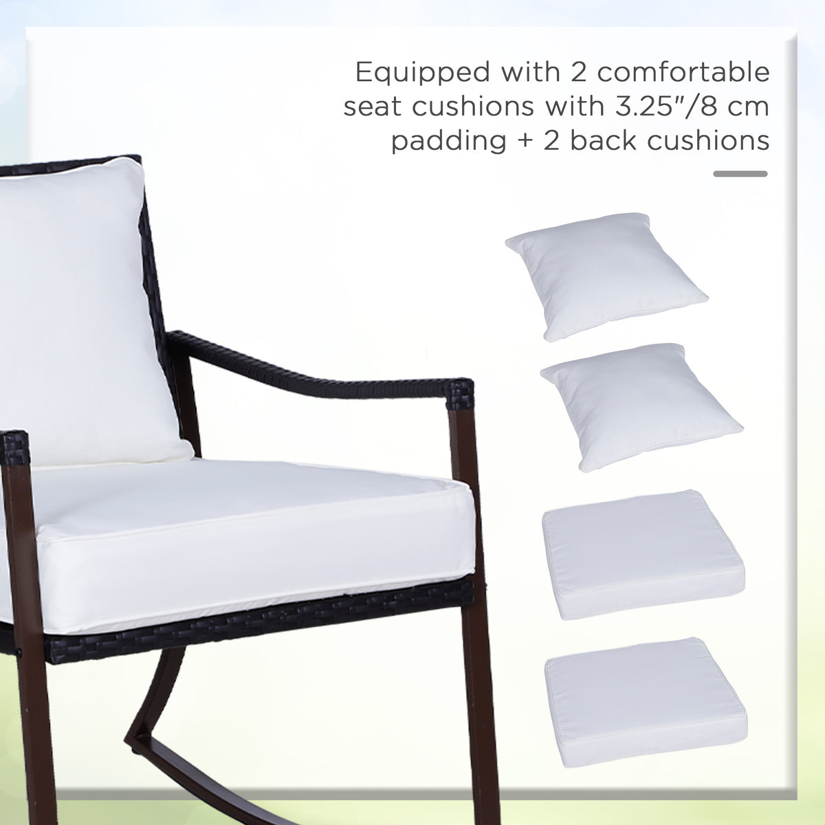 Rattan Bistro Set, 3 Pieces Wicker Garden Furniture Set with Rocking Chairs and round Glass Top Coffee Table, Small Balcony Furniture with Cushions for Outdoor, Porch, Brown