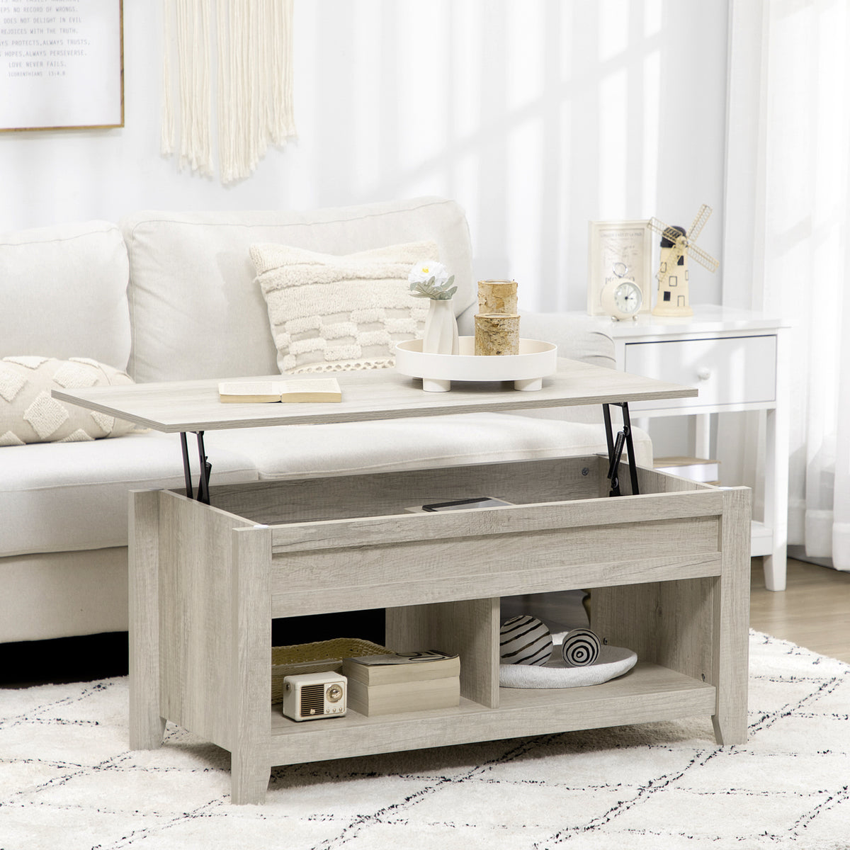 Lift Top Coffee Table W/ Hidden Storage Compartment Open Shelves Lift Tabletop Pop up Centre Table for Living Room Oak Effect