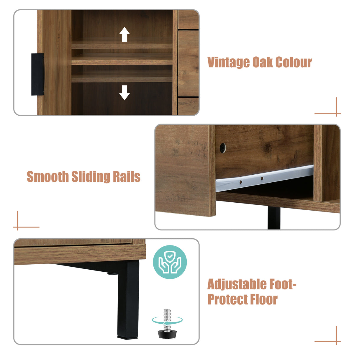 835556AAD Sideboard Cabinet for Living Room, Chest of Drawers with 2 Doors and 3 Drawers, Adjustable Shelf, Dark Oak, 40D X 120W X 76H Cm