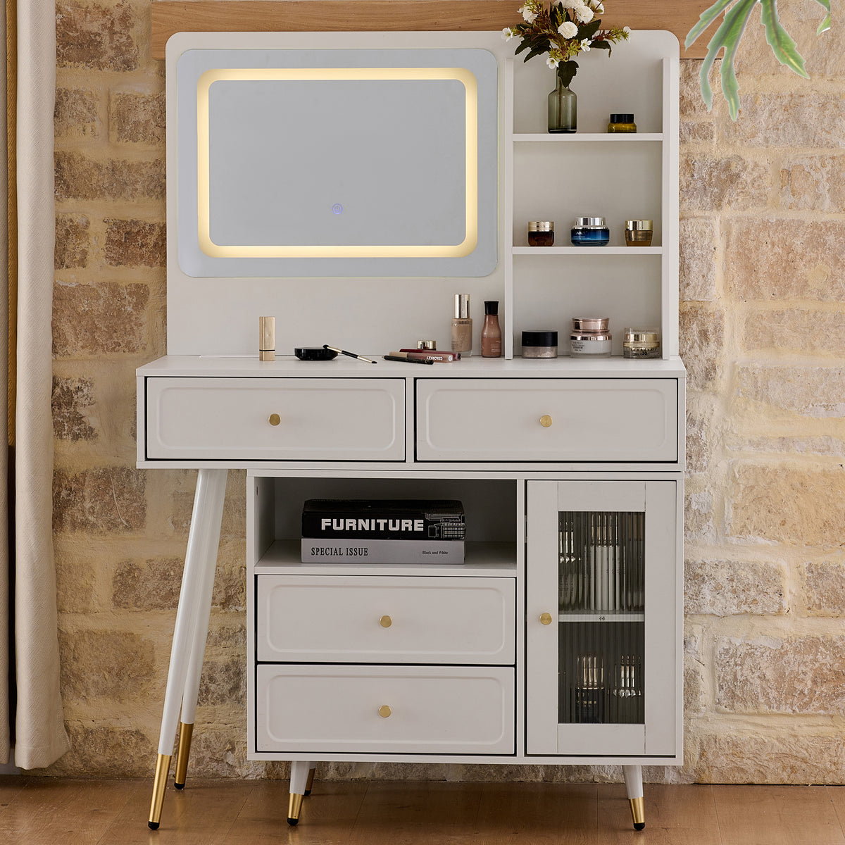 Modern Makeup Vanity Desk with Mirror and Lights, Retractable Dressing Table with Drawers and Cabinet, Compact Makeup Table Set with Power Outlet for Bedroom, White
