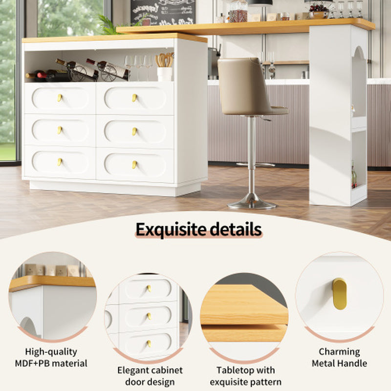360 Rotating Bar Table Main Body 137 X 39 X 90 Cm, Coffee Bar Furniture, Rotating Dining Bar with Storage, Kitchen Island, with Spice Rack, Six Drawers, Open Storage Space, White