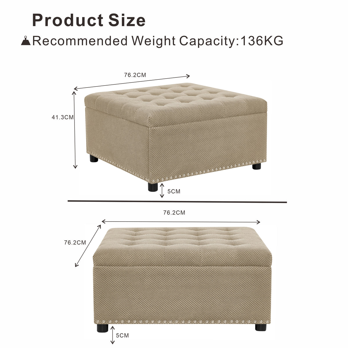 Square Storage Ottoman, Small Space Furniture, Home Decor,Camel