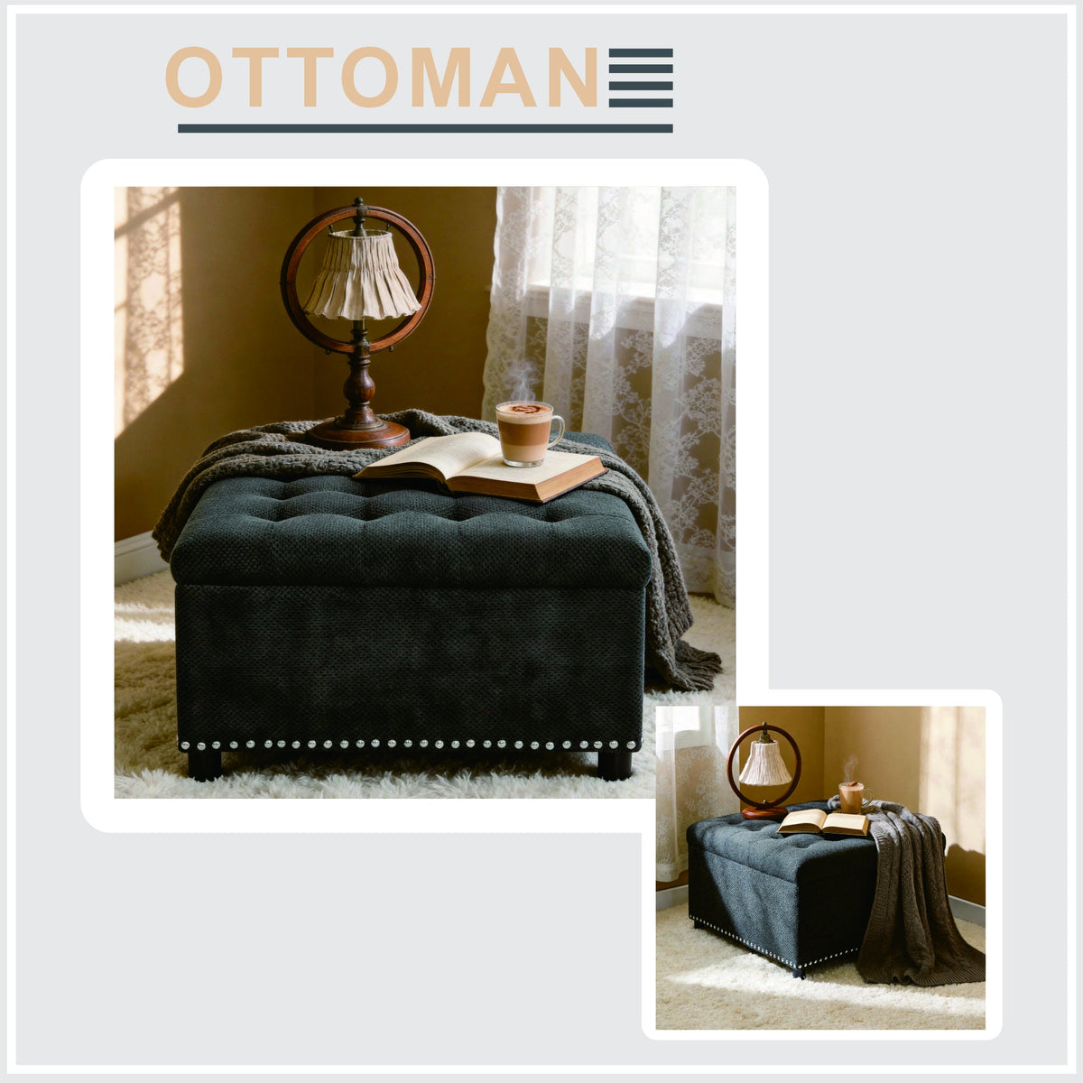 Dark grey storage ottoman detail
