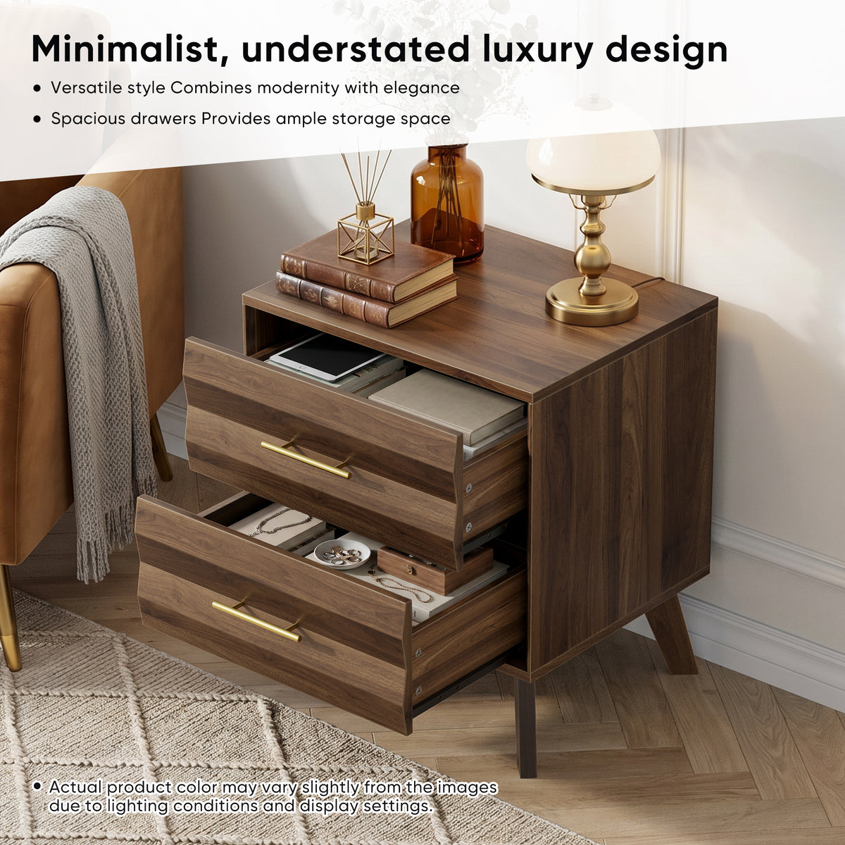 Walnut-Colored Double Drawer Bedside Table, Medieval-Style Modern Bedroom Bedside Storage Cabinet, Bedside Table with Metal Handles, Single Unit