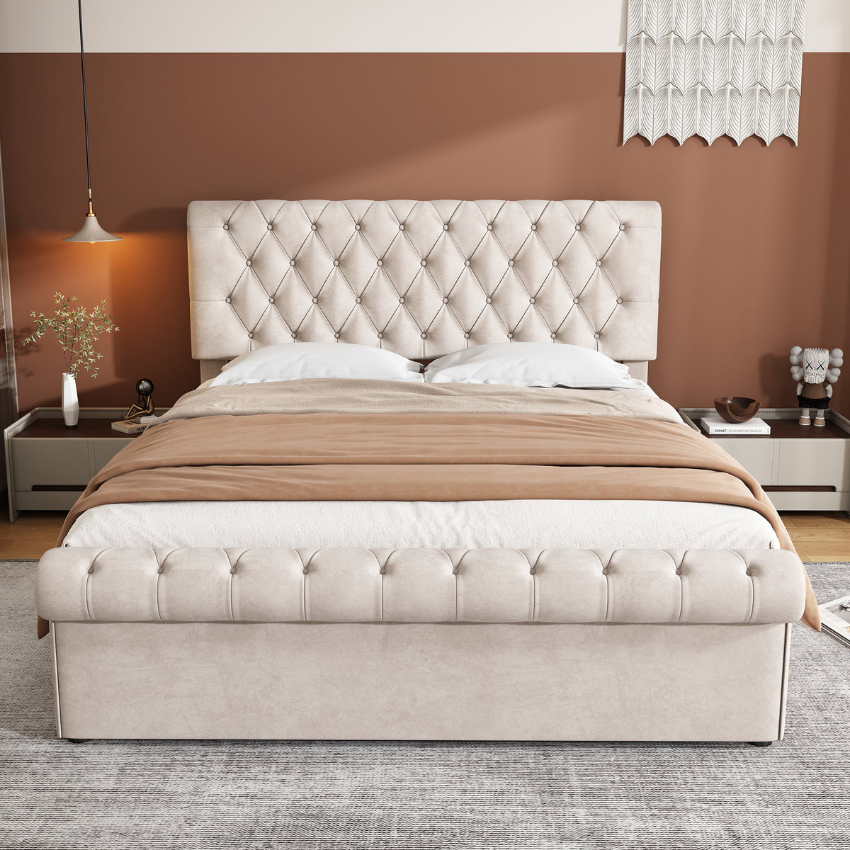 Upholstered Double Bed 4Ft6,135X190 , Luxurious Velvet Button-Tufted Sleigh Bed Storage, Functional Bed with Slatted Frame and Storage, Beige