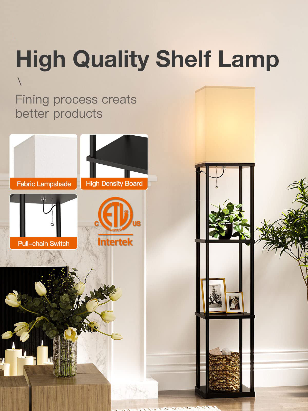 Floor Lamp Free Standing Wood 3-Tier Storage Shelf Reading Bedroom Living Room