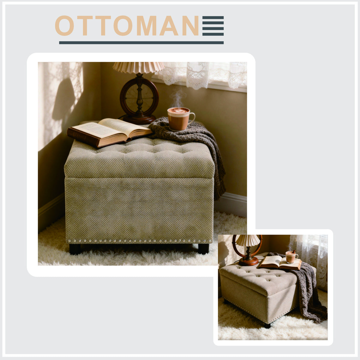 Square Storage Ottoman, Small Space Furniture, Home Decor,Camel