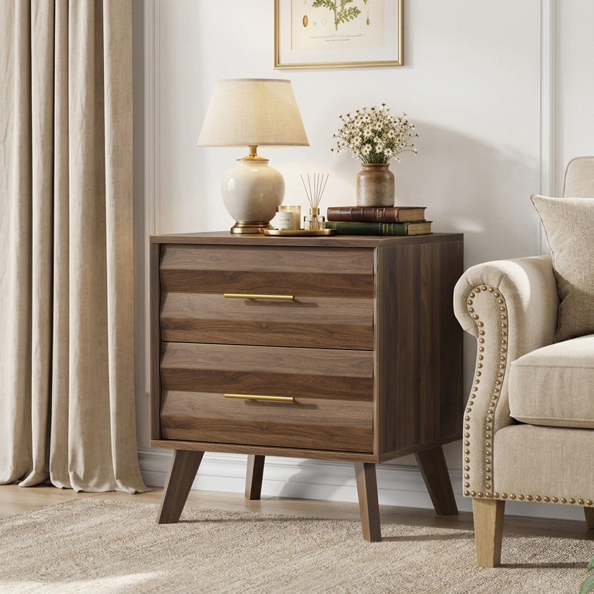 Walnut-Colored Double Drawer Bedside Table, Medieval-Style Modern Bedroom Bedside Storage Cabinet, Bedside Table with Metal Handles, Single Unit