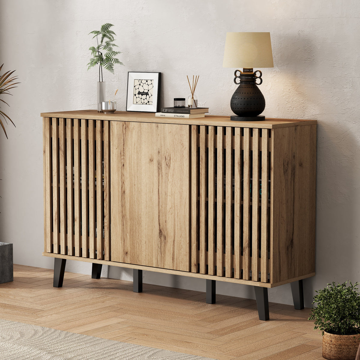 Natural wood sideboard detail