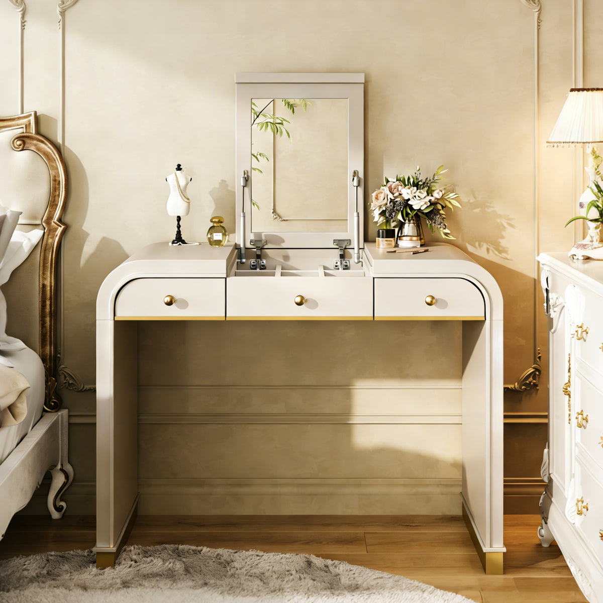 Classic Wood Vanity Desk with Flip Mirror, 3-In-1 Dressing Table with 2 Drawers and Storage Space for Bedroom, Champagne