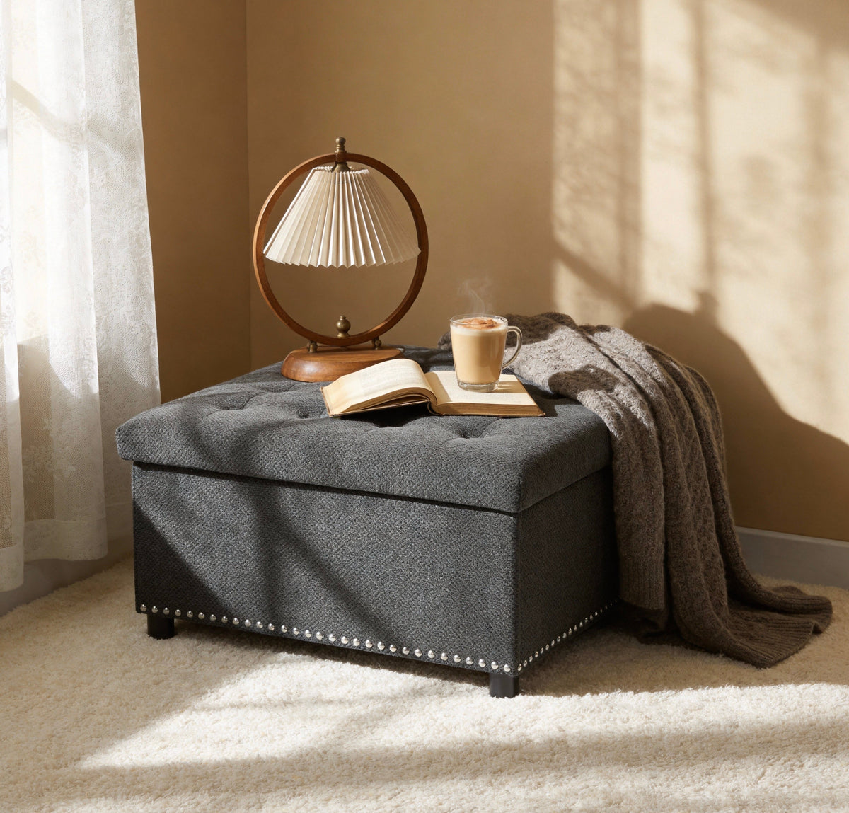 Dark grey storage ottoman detail