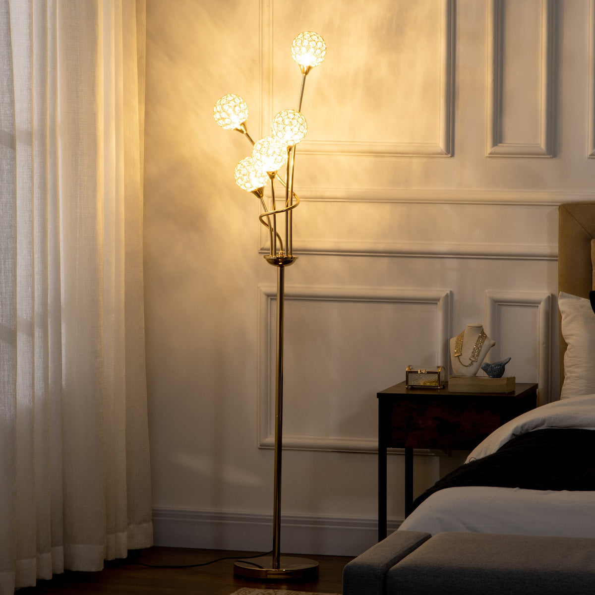 Gold five-light floor lamp detail