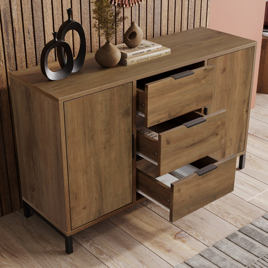 835556AAD Sideboard Cabinet for Living Room, Chest of Drawers with 2 Doors and 3 Drawers, Adjustable Shelf, Dark Oak, 40D X 120W X 76H Cm