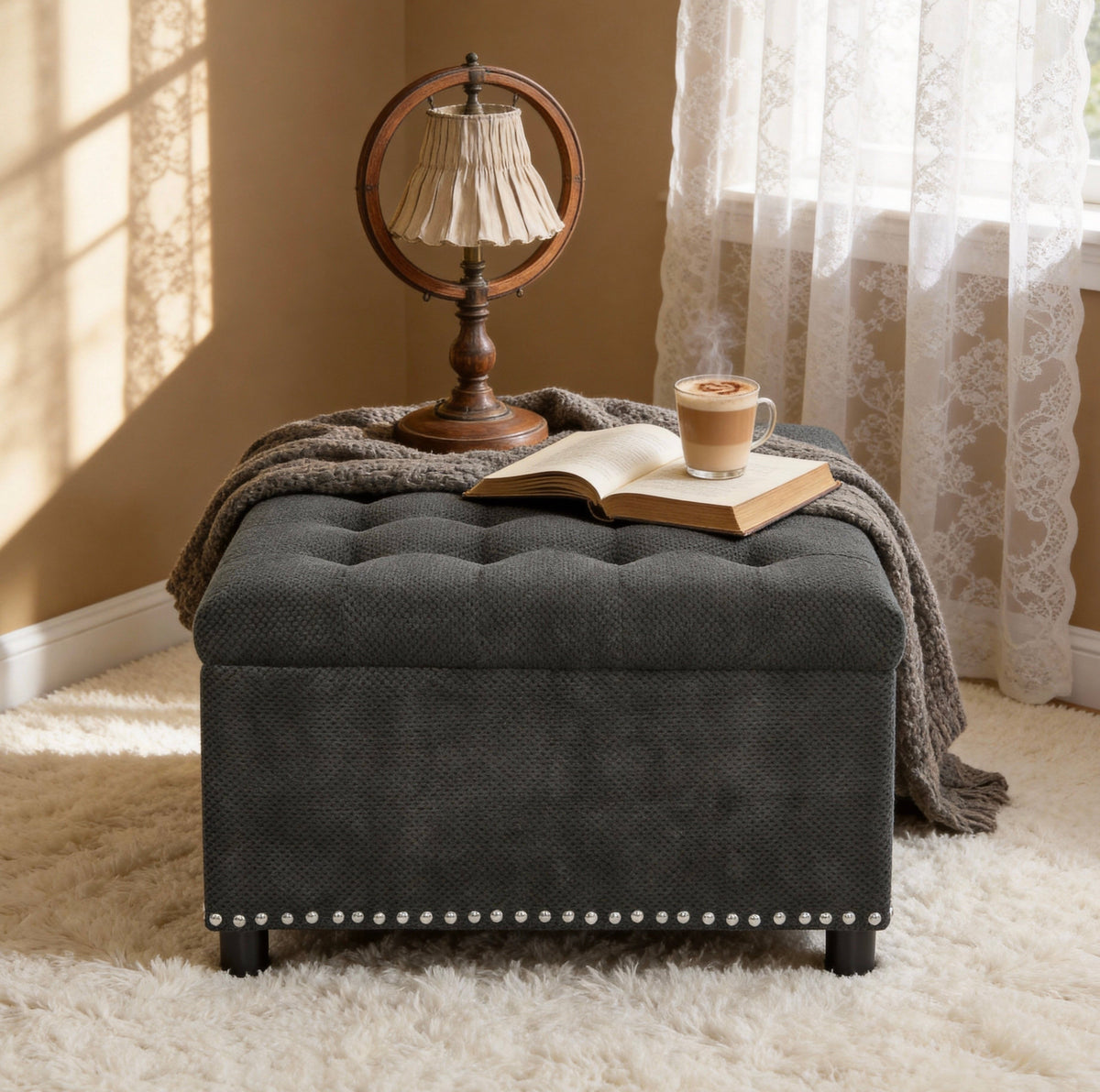 Dark grey storage ottoman detail