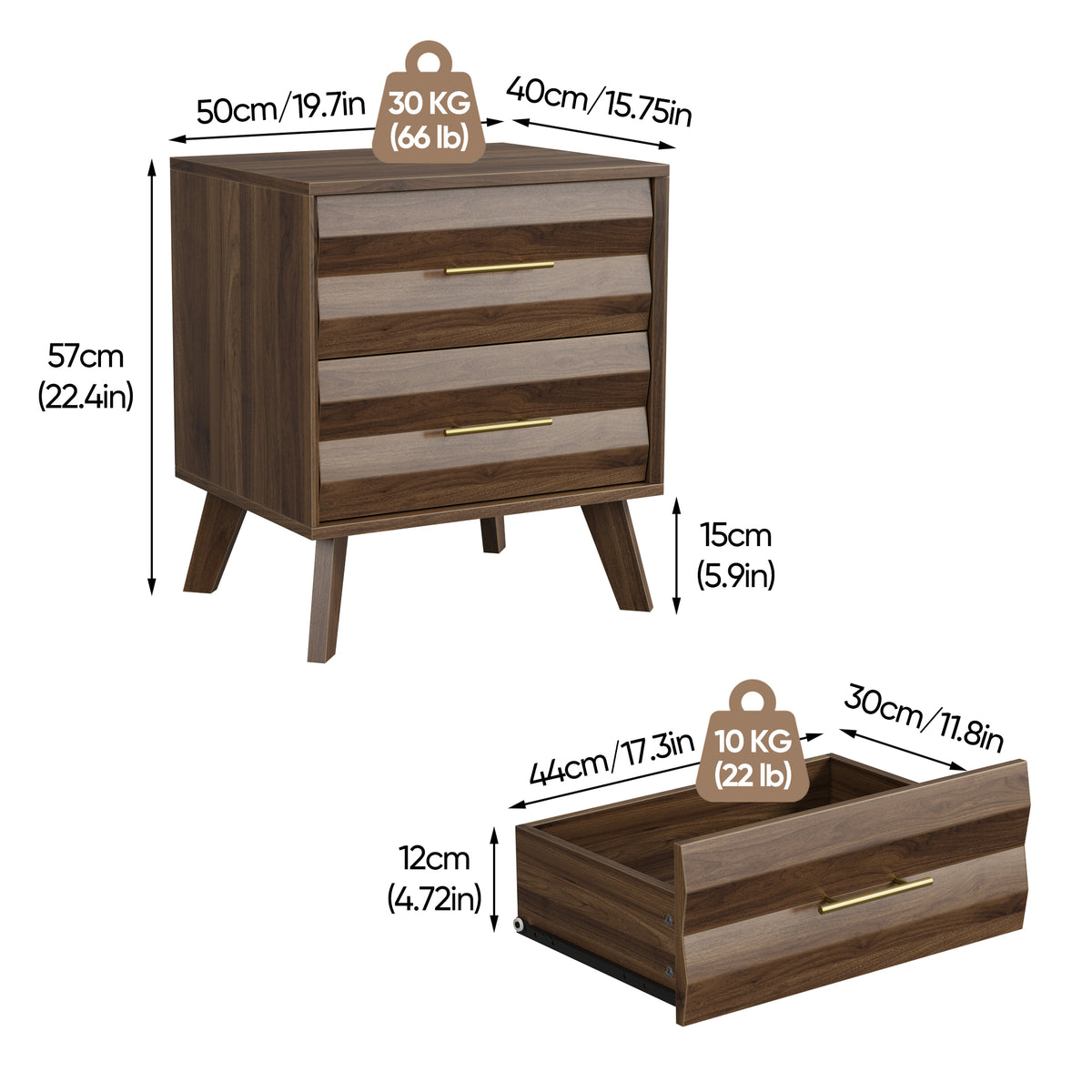 Walnut-Colored Double Drawer Bedside Table, Medieval-Style Modern Bedroom Bedside Storage Cabinet, Bedside Table with Metal Handles, Single Unit