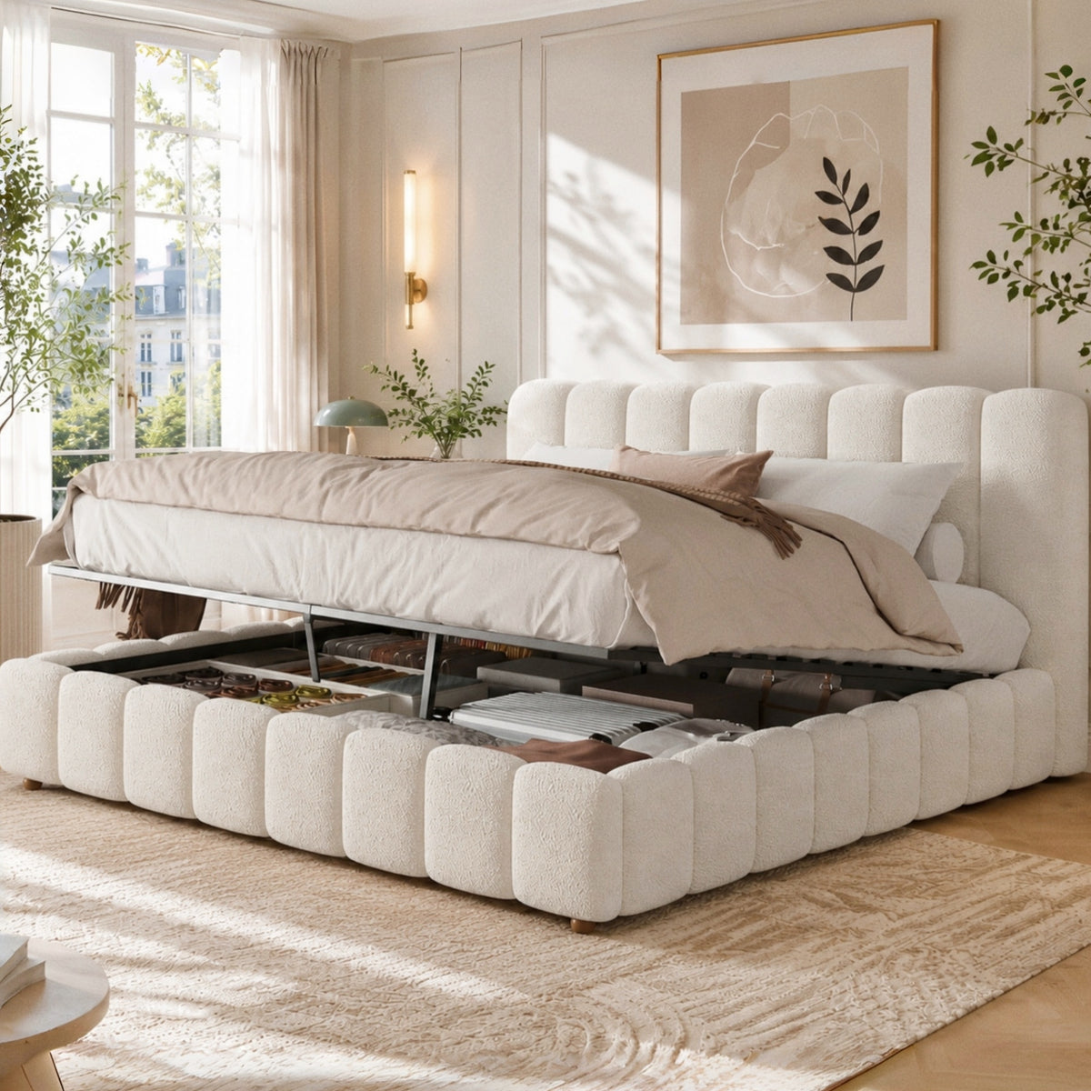 Upholstered Bed, Super King Size Bed, 6Ft-180X200Cm, Hydraulic Functional Bed, Bed with Slatted Frame, Headboard and Large Storage Space, Padded Headboard, White Boucled