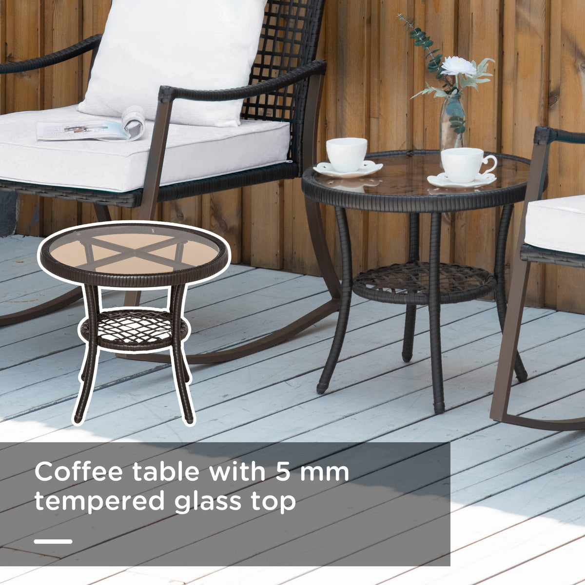 Rattan Bistro Set, 3 Pieces Wicker Garden Furniture Set with Rocking Chairs and round Glass Top Coffee Table, Small Balcony Furniture with Cushions for Outdoor, Porch, Brown