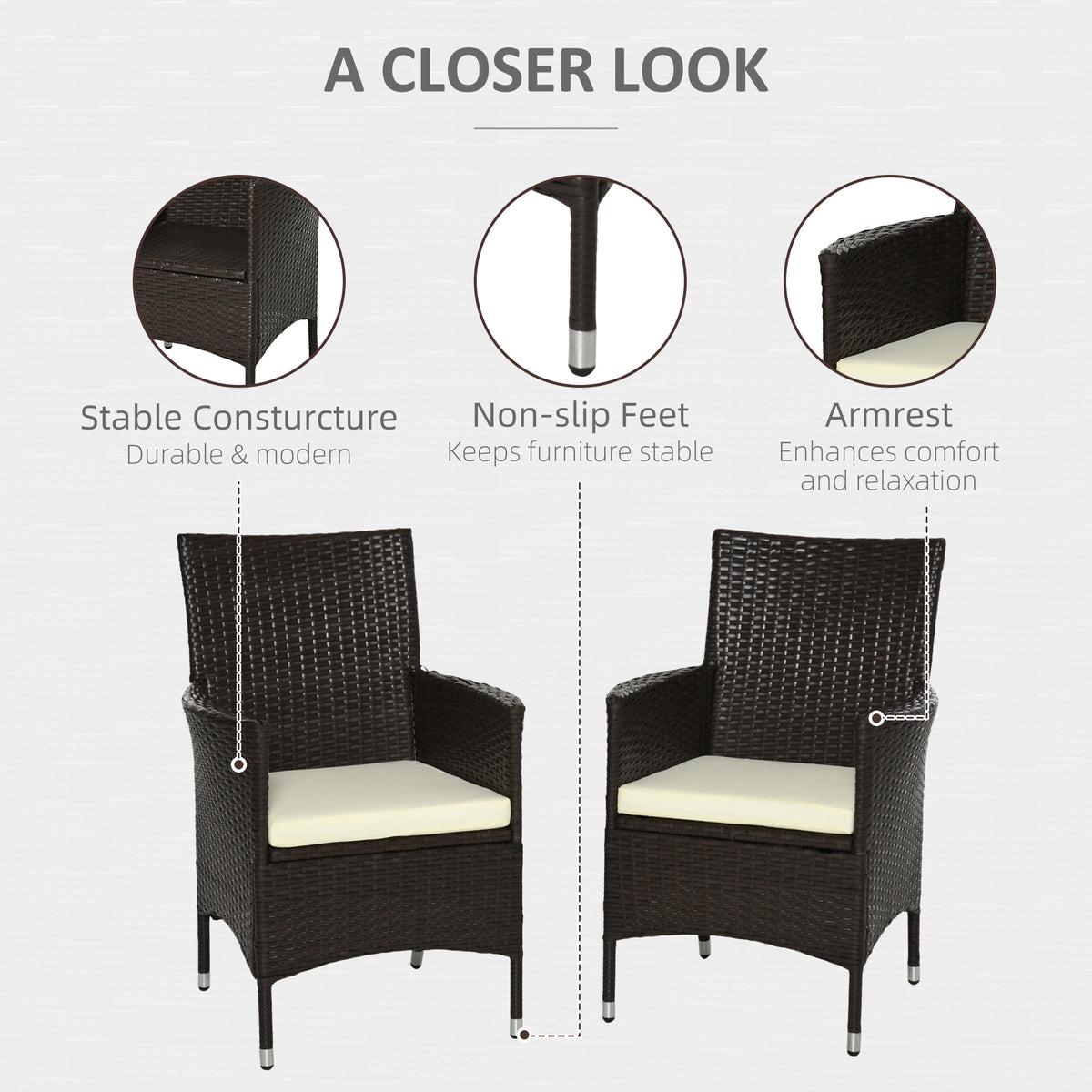 2 Pieces Outdoor PE Rattan Dining Chairs Set with Cushion, Garden Armchair with Armrests, High Backrest, Metal Frame Patio Wicker Furniture, Coffee