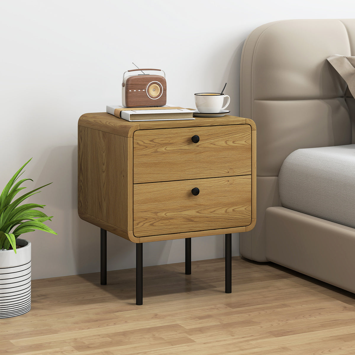 Bedside Table with 2 Drawers and Steel Legs - Oak