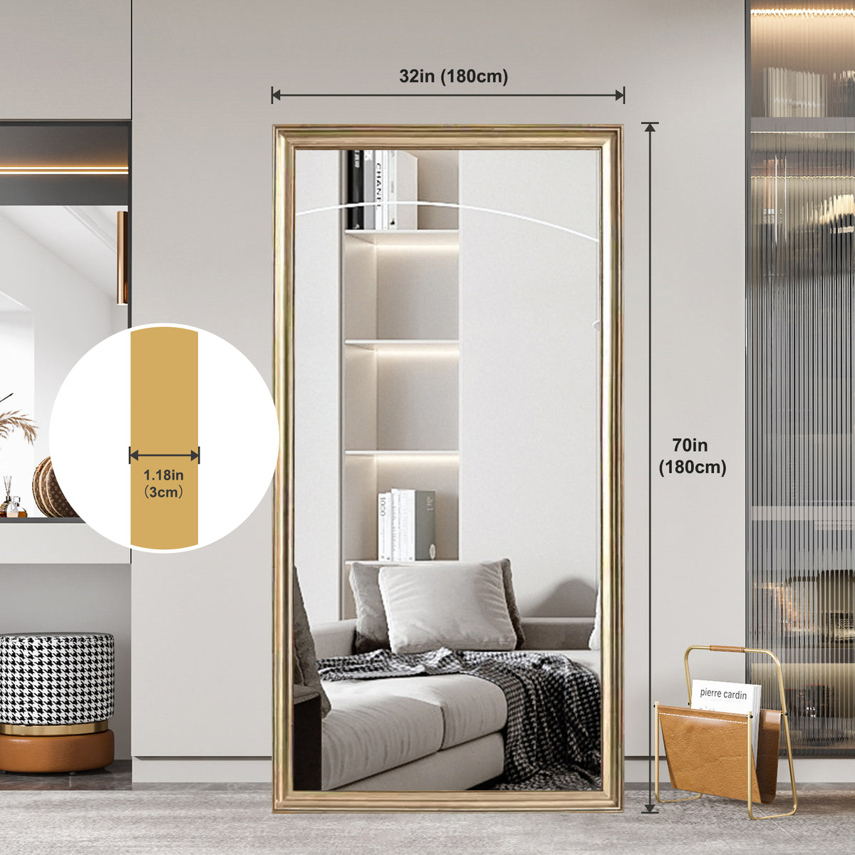70 X 32 Gold Full Length Floor Mirror with PS Frame, Large Wall Mounted or Leaning Body Mirror for Bedroom, Living Room, Entryway