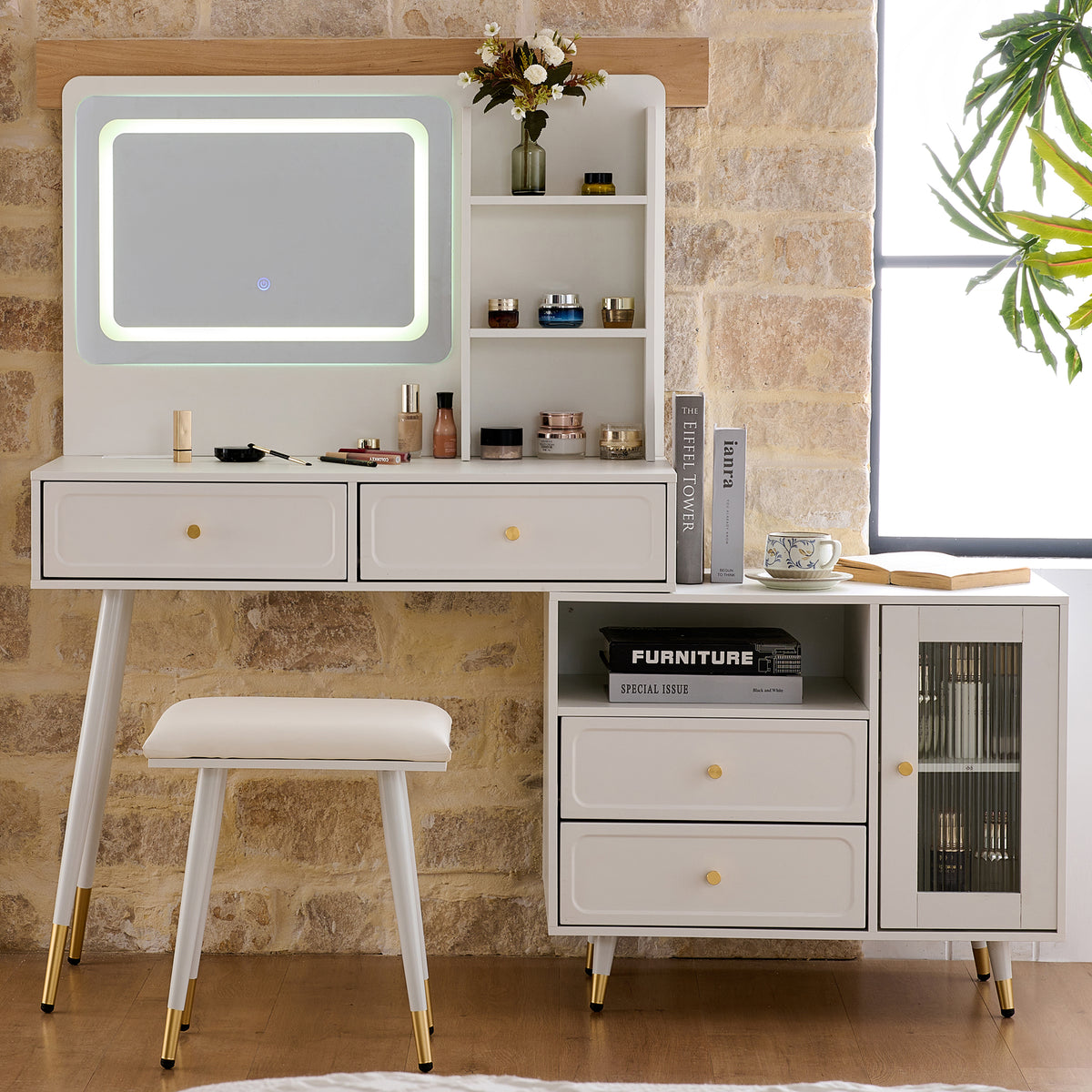 Modern Makeup Vanity Desk with Mirror and Lights, Retractable Dressing Table with Drawers and Cabinet, Compact Makeup Table Set with Power Outlet for Bedroom, White