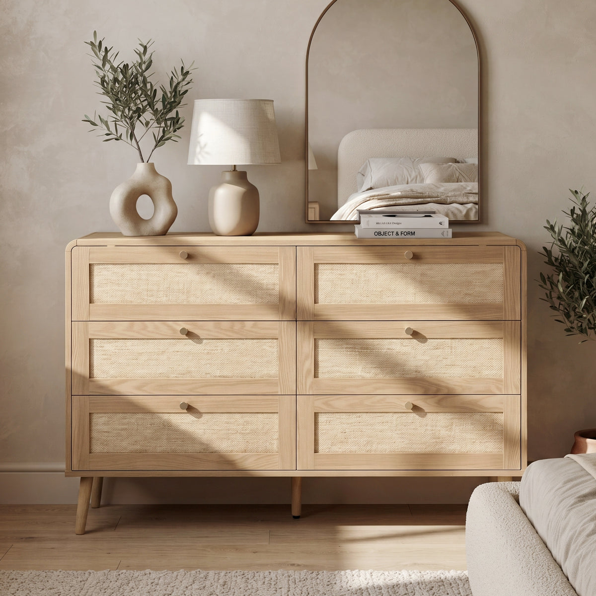 6 Drawer Chest of Drawers, 120Cm Wide Rattan-Effect Dresser with Natural Wood Finish, Spacious Bedroom Storage Cabinet with Rounded Corners & Raised Legs, Natural Oak