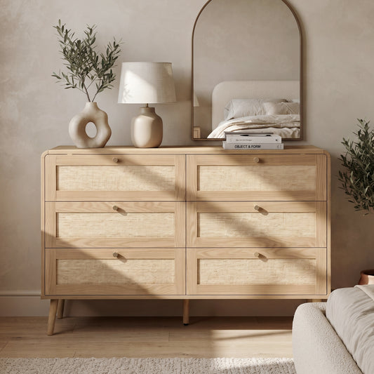 6 Drawer Chest of Drawers, 120Cm Wide Rattan-Effect Dresser with Natural Wood Finish, Spacious Bedroom Storage Cabinet with Rounded Corners & Raised Legs, Natural Oak