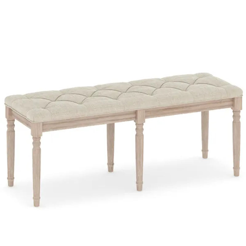 Beige 47.5" Rubber Wood Upholstered Bench with Button-Tufted Seat, 440 Lbs Capacity Retro Entryway Bedroom Bench