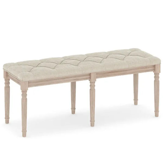 Beige 47.5" Rubber Wood Upholstered Bench with Button-Tufted Seat, 440 Lbs Capacity Retro Entryway Bedroom Bench