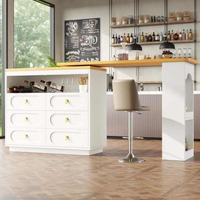 360 Rotating Bar Table Main Body 137 X 39 X 90 Cm, Coffee Bar Furniture, Rotating Dining Bar with Storage, Kitchen Island, with Spice Rack, Six Drawers, Open Storage Space, White
