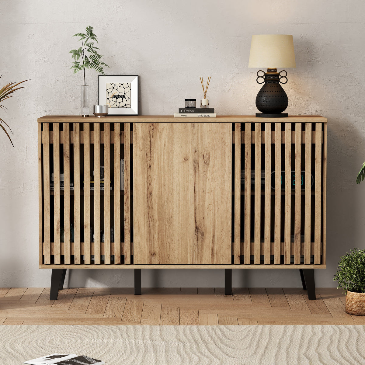 Natural wood sideboard detail